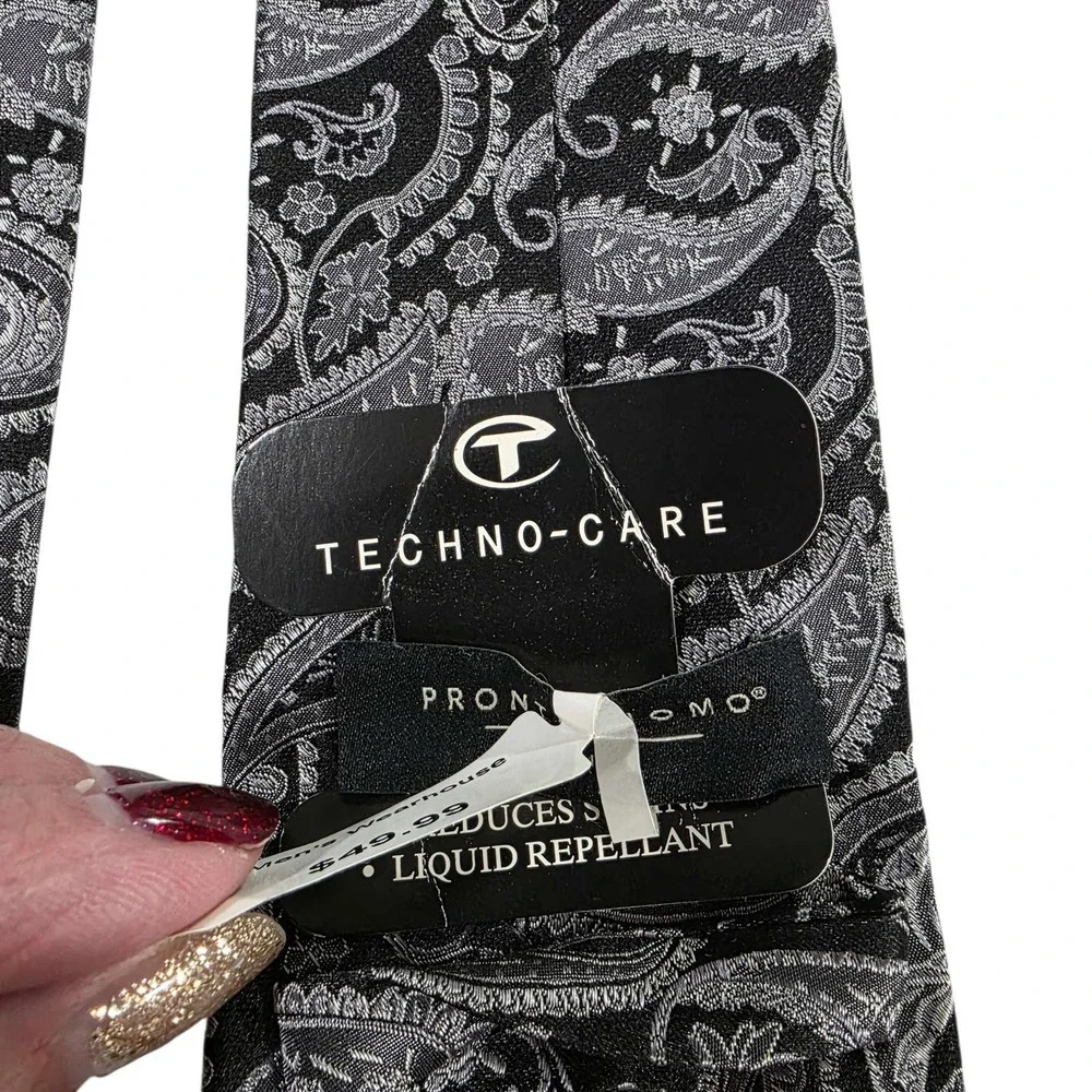 NWT Pronto Uomo Paisley Silk Tie Black Silver Stains Liquid‎ Repellent Hand Made